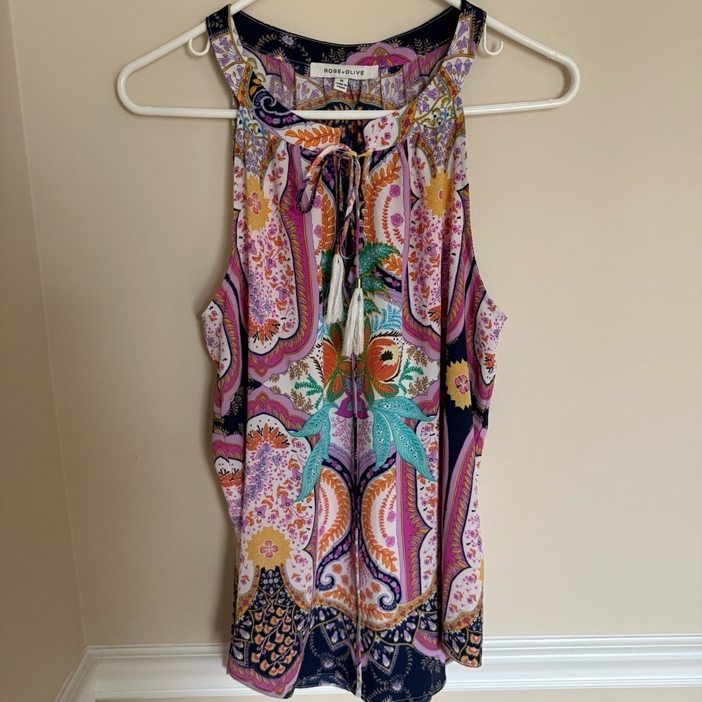 Rose + Olive Women’s Summer Preppy Vibrant Paisley Floral Tank Top Size Medium - Picture 1 of 6
